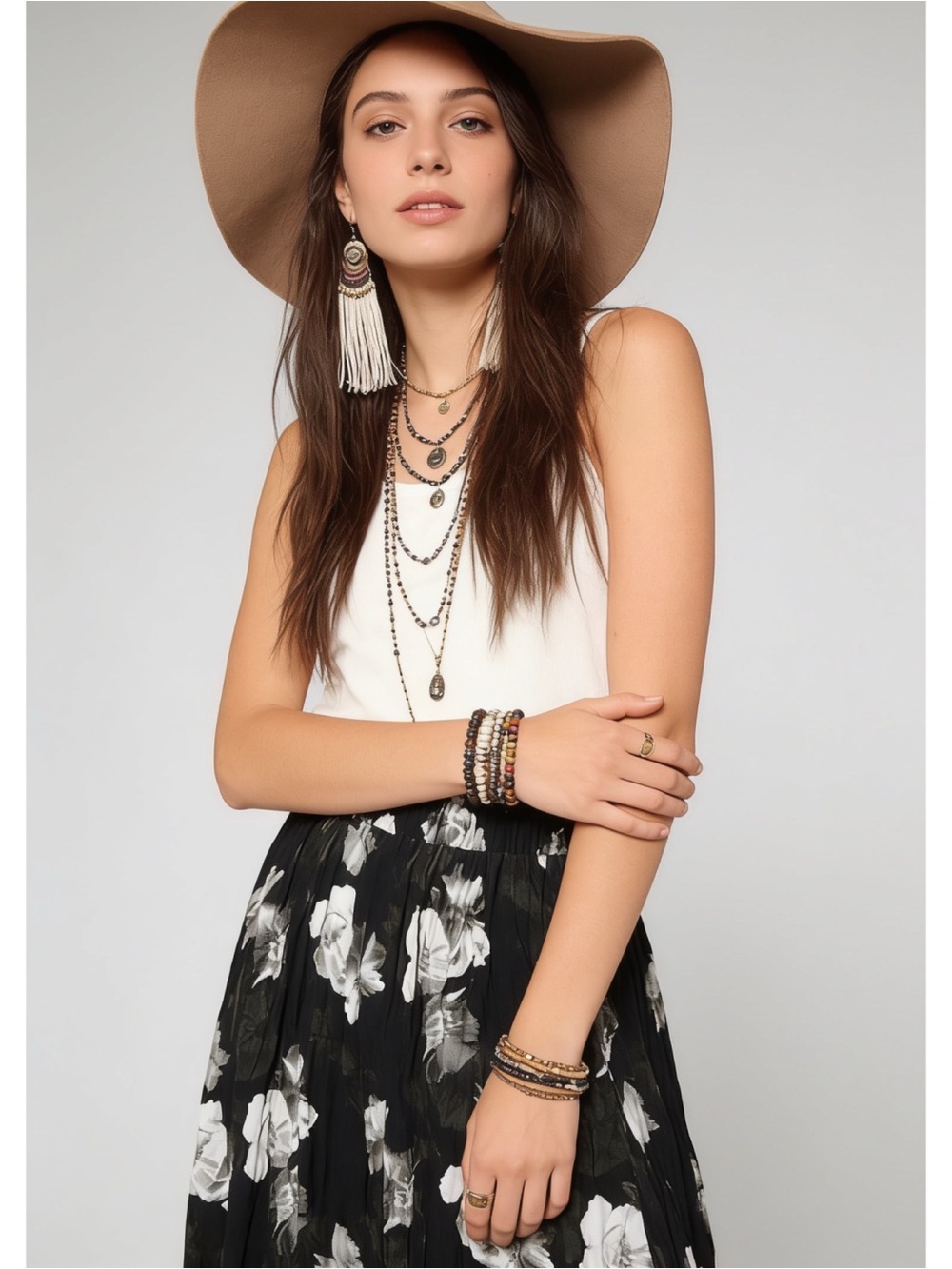 Boho floral black + ivory pleated flowy maxi skirt, NWOT